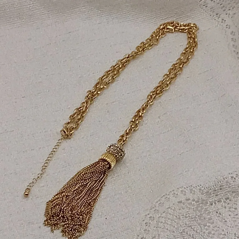 Gold Tone Chain Tassel Necklace Crystal Ball Cap